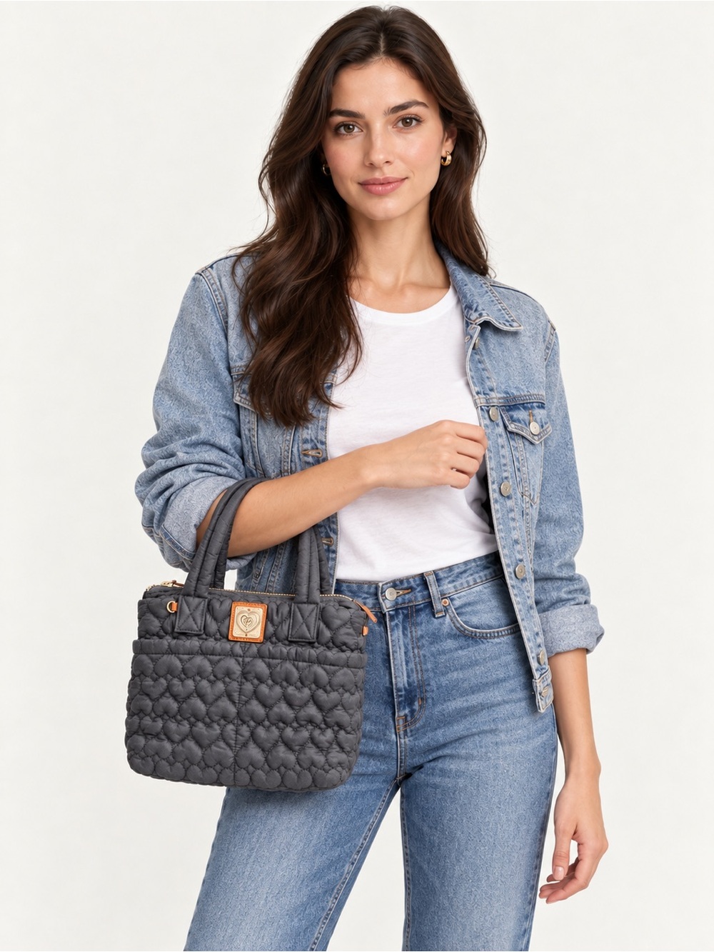 Brighton Quilted Heart Tote Bag in Charcoal with Tan Accents